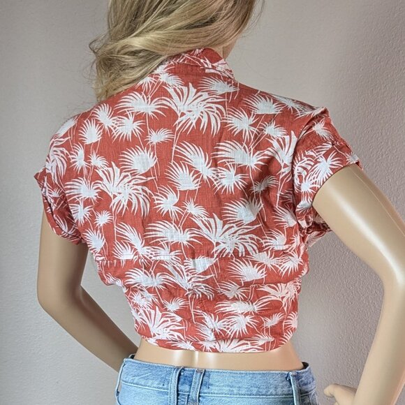 Old Khaki Top Women's 10 Jungle Foliage Button-Up Waist-Tie Orange/White Safari - Picture 5 of 16